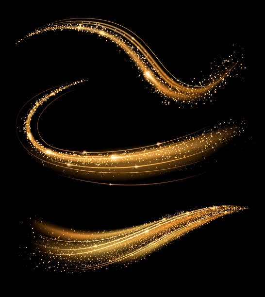 Golden shimmering waves with light effect isolated on black background. Glittering star dust trail. Abstract motion. Magic swirl lines. gold light flare stock illustrations