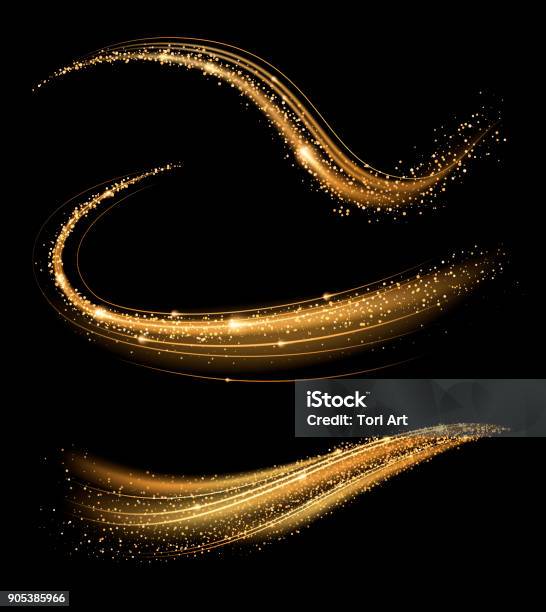 Golden Shimmering Waves With Light Effect Isolated On Black Background Stock Illustration - Download Image Now