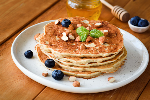 Gluten free pancakes with almonds and blueberries
