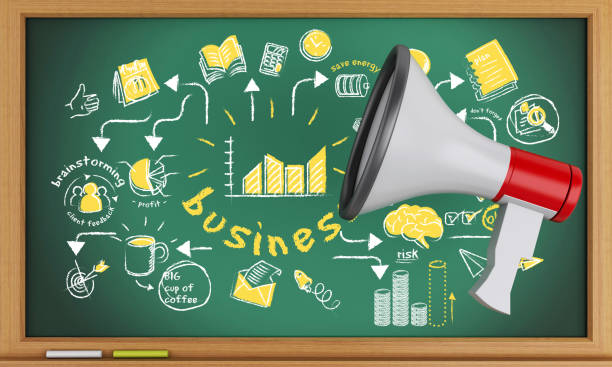 istock 3d Blackboard with business sketch and megaphone. 905390414