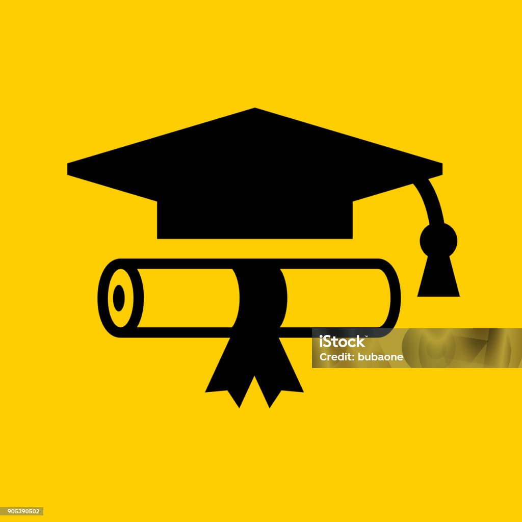 Diploma and Graduation Hat. Diploma and Graduation Hat.. The icon is black and is placed on yellow background. The composition is simple and elegant. The vector icon is the most prominent part if this illustration. The yellow and black contrast is a good representation for alert, warning and notice signs. The colors are flat and the image is 100% royalty free vector. Diploma stock vector