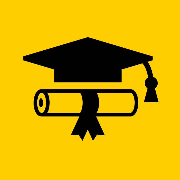 Diploma and Graduation Hat. Diploma and Graduation Hat.. The icon is black and is placed on yellow background. The composition is simple and elegant. The vector icon is the most prominent part if this illustration. The yellow and black contrast is a good representation for alert, warning and notice signs. The colors are flat and the image is 100% royalty free vector. diploma stock illustrations