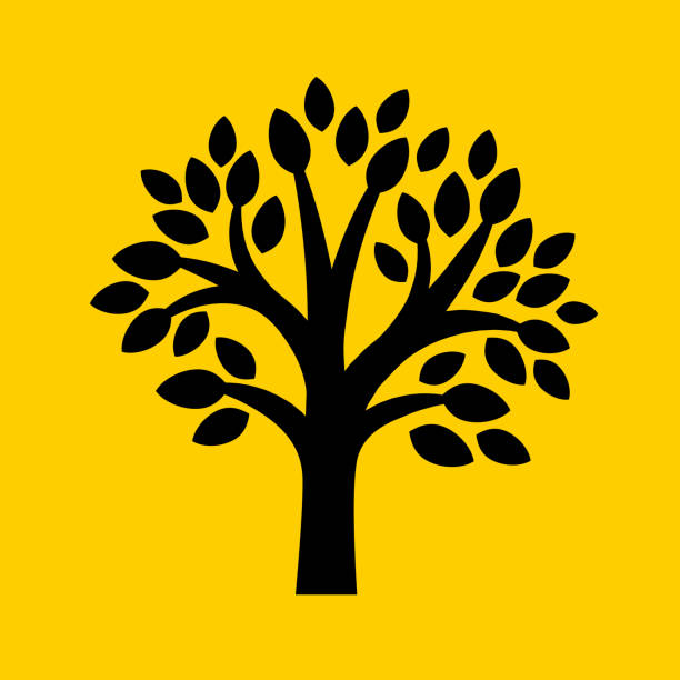 Tree with leaves. Tree with leaves.. The icon is black and is placed on yellow background. The composition is simple and elegant. The vector icon is the most prominent part if this illustration. The yellow and black contrast is a good representation for alert, warning and notice signs. The colors are flat and the image is 100% royalty free vector. tree symbols stock illustrations