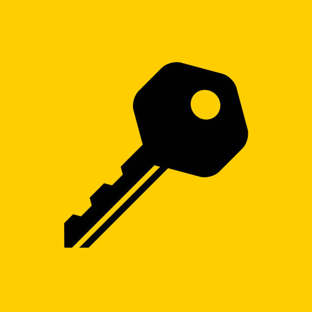 Household Key. Household Key.. The icon is black and is placed on yellow background. The composition is simple and elegant. The vector icon is the most prominent part if this illustration. The yellow and black contrast is a good representation for alert, warning and notice signs. The colors are flat and the image is 100% royalty free vector. key stock illustrations