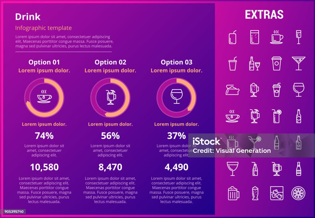 Drink infographic template, elements and icons Drink infographic template, elements and icons. Infograph includes customizable graphs, three options, line icon set with bar drinks, alcohol beverage, variety of glasses, non-alcoholic beverages etc. Alcohol - Drink stock vector