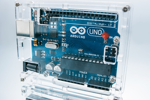 Ukraine, Kharkiv, 05.03.2017. Arduino Uno - this is a small breadboard with its own processor and memory. Is good for building prototypes of electronic devices.