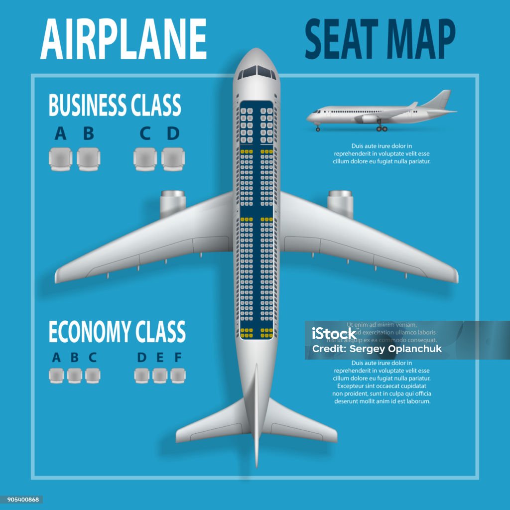 Banner, poster, flyer with airplane seats plan. Business and economy classes top view Aircraft information map. Realistic passenger aircraft indoor seating chart. Vector illustration Banner, poster, flyer with airplane seats plan. Business and economy classes top view Aircraft information map. Realistic passenger aircraft indoor seating chart. Vector illustration EPS 10 Airplane stock vector