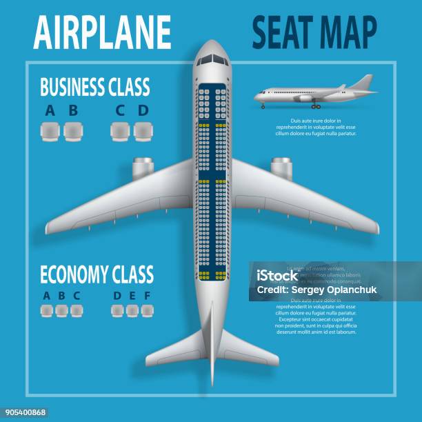 Banner Poster Flyer With Airplane Seats Plan Business And Economy Classes Top View Aircraft Information Map Realistic Passenger Aircraft Indoor Seating Chart Vector Illustration Stock Illustration - Download Image Now