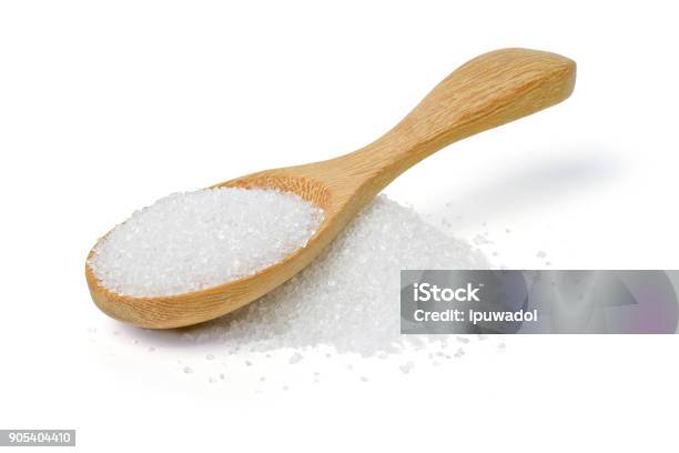 White Sugar In Wood Spoon On White Background Stock Photo - Download Image Now - Sugar - Food, Granulated Sugar, Spoon