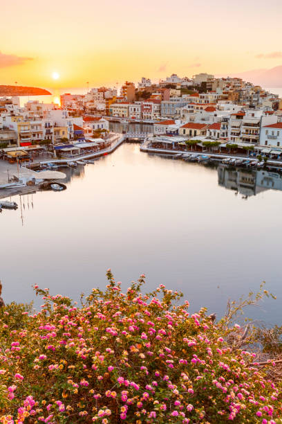 Agios Nikolaos, Greece - April 19, 2017: Morning view of Agios Nikolaos and its harbor, Crete, Greece.