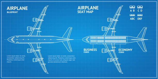 Airplane Blueprint Plan Top View. Vector Airplane Blueprint Plan Top View Seat Map Business or Economy Class White Contour. Vector illustration of Blue Print blueprint silhouettes stock illustrations
