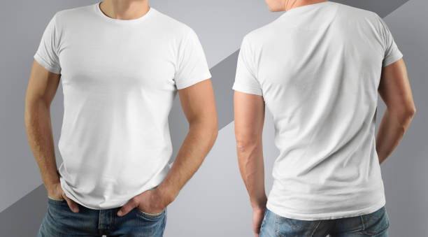 istock Mockup  white t-shirt on muscular man on gray background. 905413196