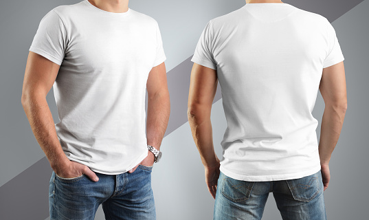 Mockup  white t-shirts on the man, pose in front and back. Isolated on a gray background with a diagonal strip