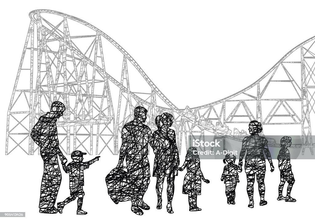 Families At The Amusement Park Scribble illustration of a crowd of people at the fair Rollercoaster stock vector