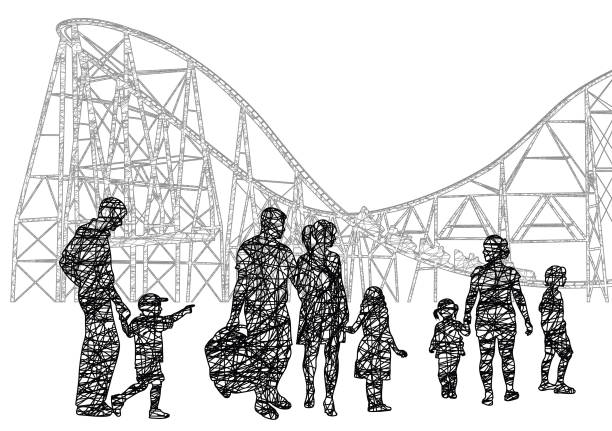 Families At The Amusement Park Scribble illustration of a crowd of people at the fair drawing of the boy girl shadow stock illustrations