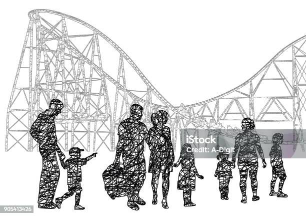 Families At The Amusement Park Stock Illustration - Download Image Now - Rollercoaster, Amusement Park, Adult