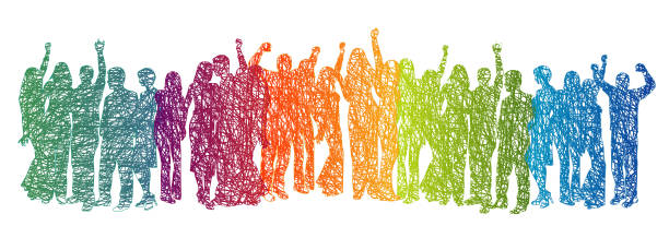 Large Crowd Rainbow Scribble Large crowd of a variety of people in hand drawn scribbles young adult illustrations stock illustrations
