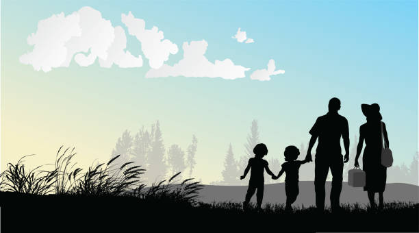 Family Of Four Picnic family going for a picnic in the countryside on a beautiful summer day lunch silhouettes stock illustrations