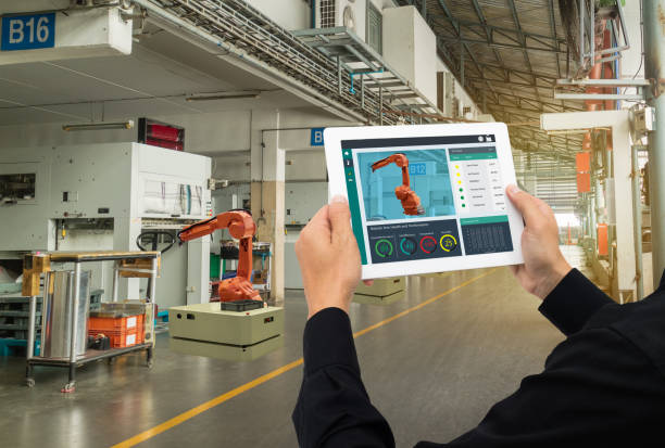 istock iot industry 4.0 concept,industrial engineer using software (augmented, virtual reality) in tablet to monitoring machine in real time.Smart factory use Automation robot arm in automotive manufacturing 905416822