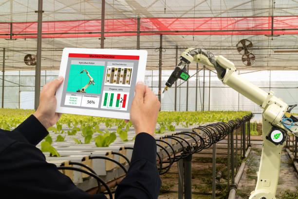 istock iot smart industry robot 4.0 agriculture concept,industrial agronomist,farmer using software Artificial intelligence technology in tablet to monitoring condition and control automatic robotics in farm 905416858