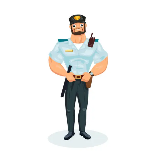 Vector illustration of Policeman, in working clothes, with equipment: baton, pistol, handcuffs, walkie-talkie