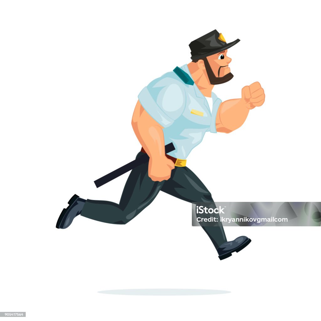 Policeman in form, run, in pursuit of criminals, offenders, delinquents Policeman working cartoon character person in working situations. Policeman, in working clothes, in form, run, is in pursuit of criminals and offenders, delinquents, is on task. Vector illustration. Adult stock vector