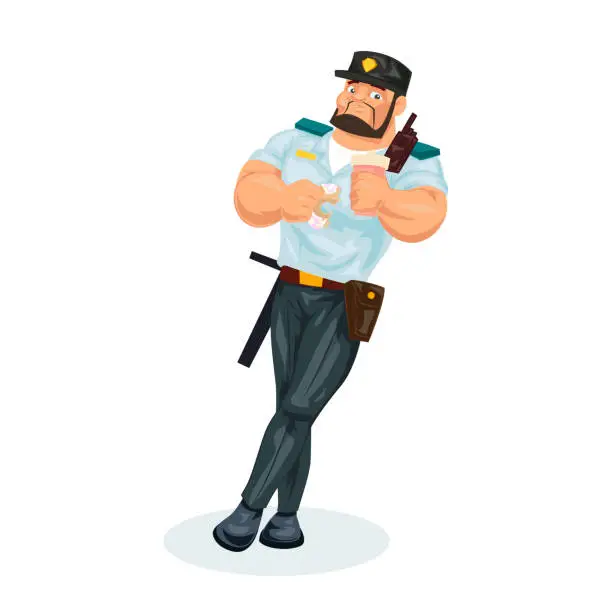 Vector illustration of Policeman, lunch break, food, eating donut, drinking hot coffee drink