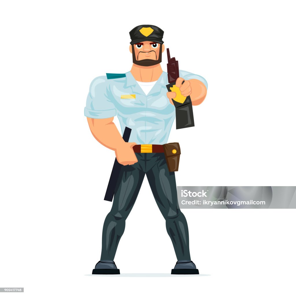 Policeman, shows badge of police officer, certifying personality and profession Policeman working cartoon character person in working situations. Policeman, in working clothes, in form, shows his badge of police officer, certifying personality and profession. Vector illustration. Adult stock vector