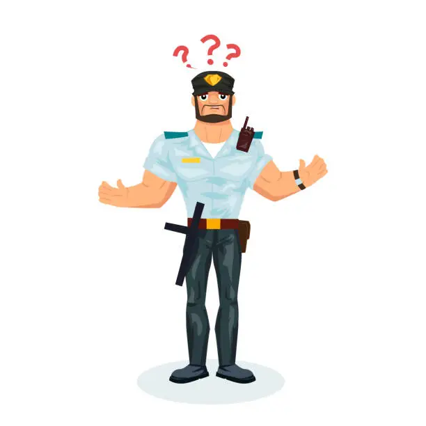 Vector illustration of Policeman, with equipment, the man is confused, confused, wondering