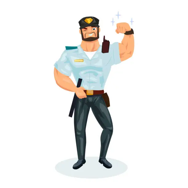 Vector illustration of Policeman, with equipment, demonstrates strength, excellence, ability and skills
