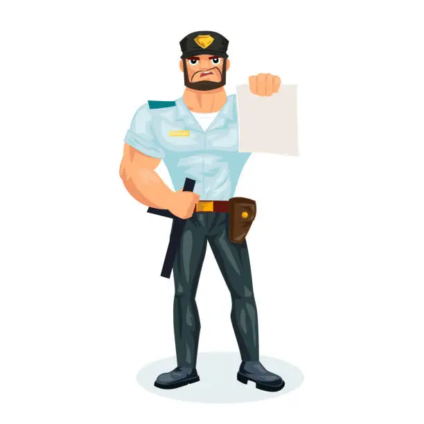 Vector illustration of Policeman, makes fine to the offenders, delinquents, indicates on law