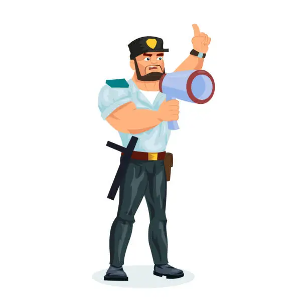 Vector illustration of Policeman, communicates data by radio, loudspeaker, megaphone, transmits information