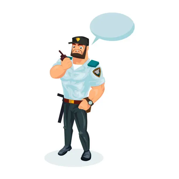 Vector illustration of Policeman, with equipment, communicates data by radio, phone, transmits information