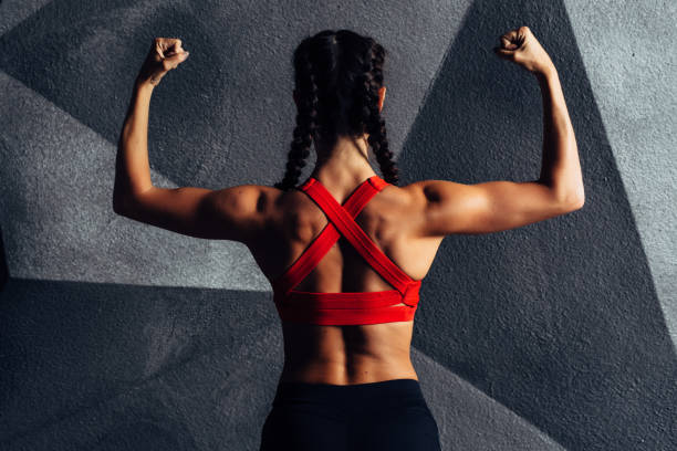 back view portrait of a fitness woman showing biceps - female muscular build athlete exercising imagens e fotografias de stock