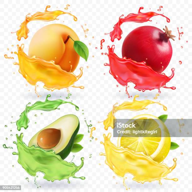 Abricot Citron Grenade Jus Davocat Fruits En Réaliste Splash Vector Ensemble Vecteurs libres de droits et plus d'images vectorielles de Citron