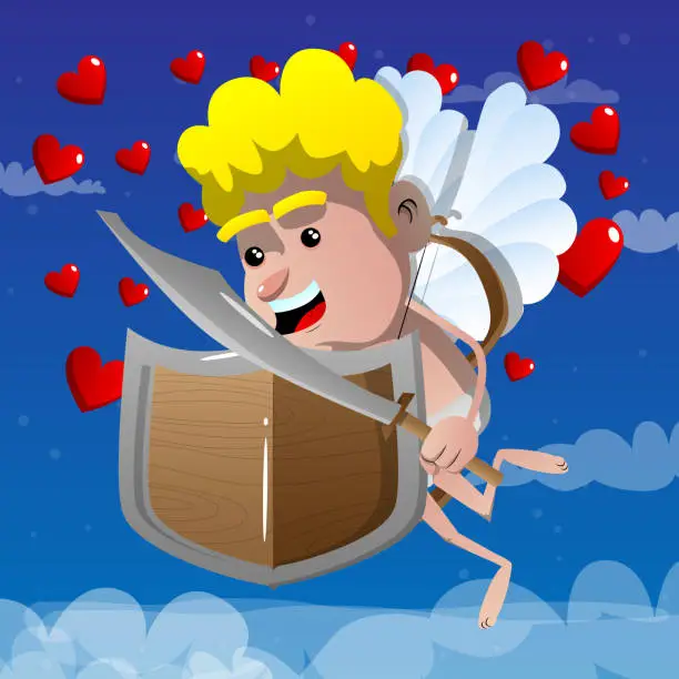 Vector illustration of Cupid with a sword and shield.