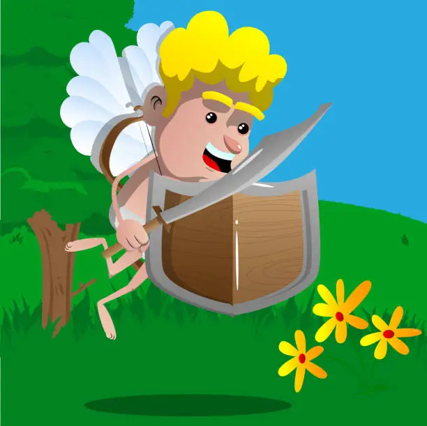Vector illustration of Cupid with a sword and shield.