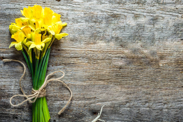 Spring background, easter daffodils, bouquet on wooden table Spring background, easter daffodils, bouquet on wooden table narcissus mythological character stock pictures, royalty-free photos & images
