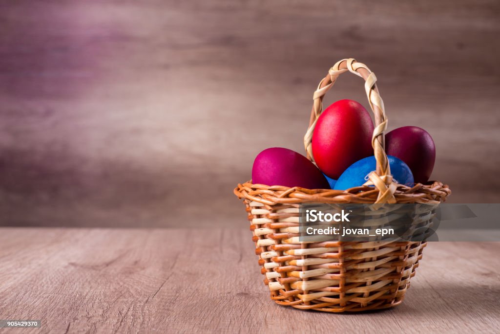Easter egg basket, colorful Easter egg basket colorful holiday Easter Basket Stock Photo