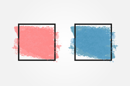 Coloured watercolor background with square frame for text. Grunge, ink, paint. Pink and blue smear. Vector illustration.