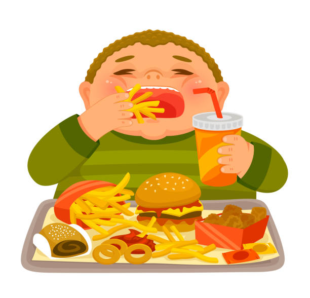 Overweight boy binge eating junk food Overweight boy mindlessly eating large amounts of junk food greedy stock illustrations