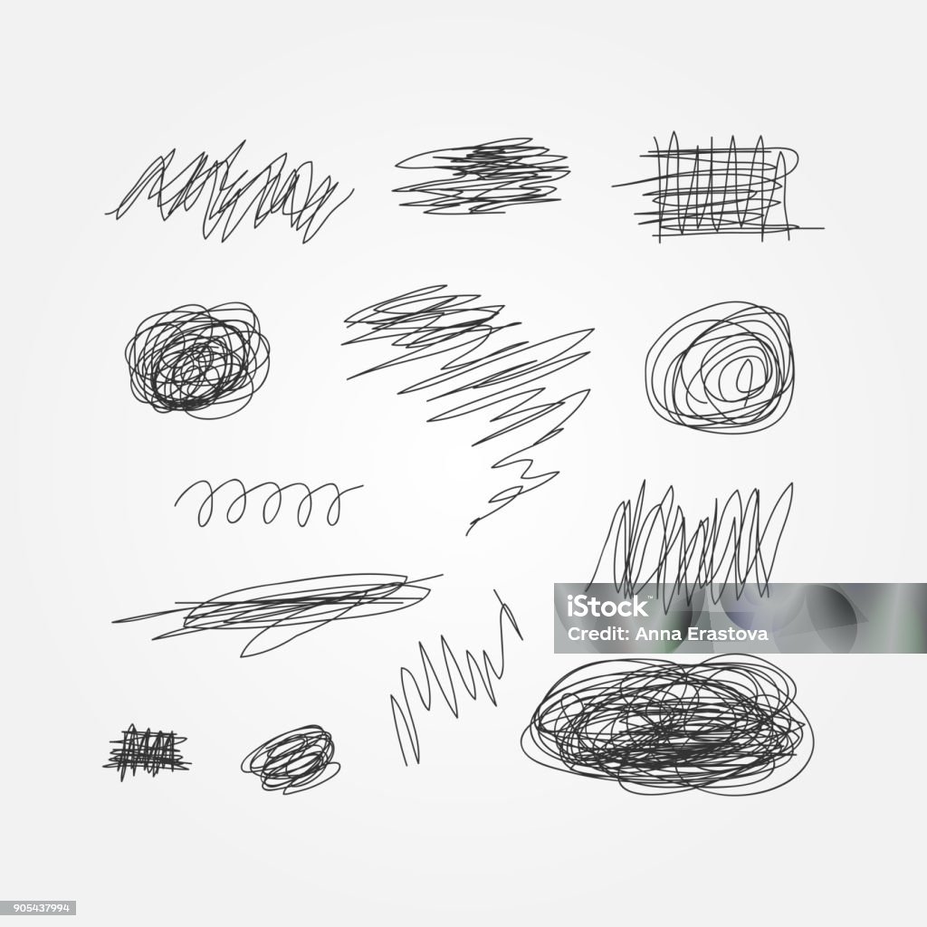 Set of black scribbles drawn by hand. Doodle, sketch, grunge. Set of black scribbles drawn by hand. Doodle, sketch, grunge. Thirteen abstract isolated elements. Vector illustration. Scribble stock vector