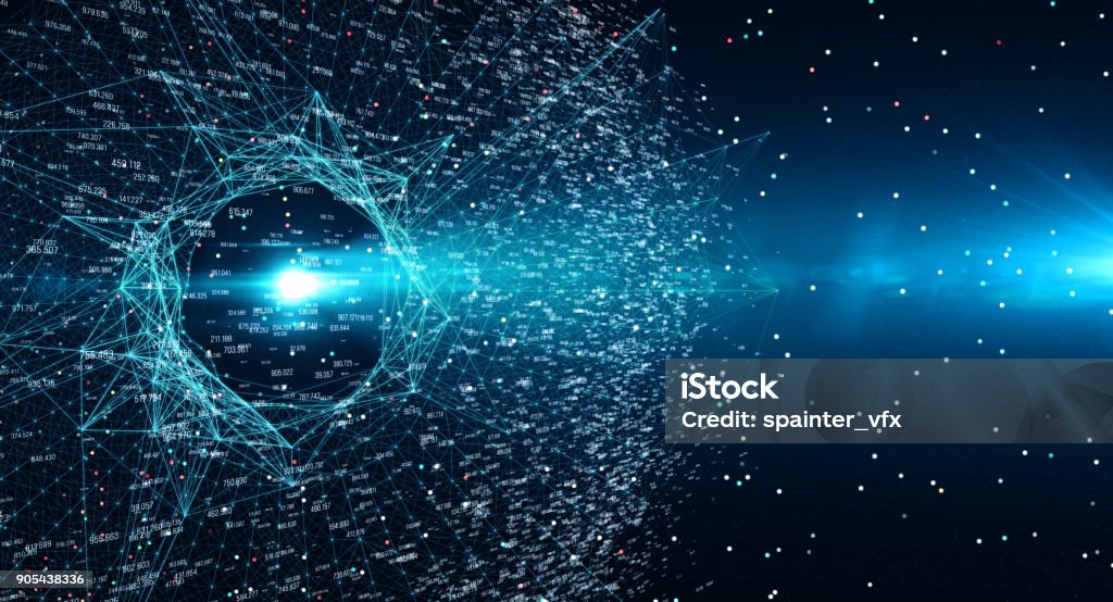 Block chain network Blockchain network concept , Distributed register technology , Block chain text and computer connection with blue background. 3D Rendering Blockchain Stock Photo