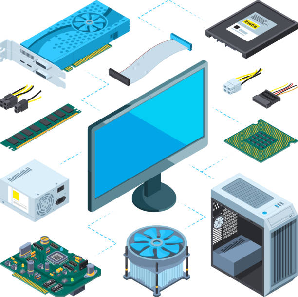 Isometric illustrations of computer hardware. Vector pictures set Isometric illustrations of computer hardware. Vector pictures set computer device equipment, server and processor computer part stock illustrations