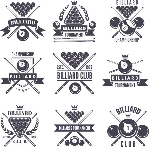 Monochrome labels or icons for billiard club. Vector illustrations of snooker balls Monochrome labels or icons for billiard club. Vector illustrations of snooker balls. Billiard sport and snooker competition emblem pool cue stock illustrations