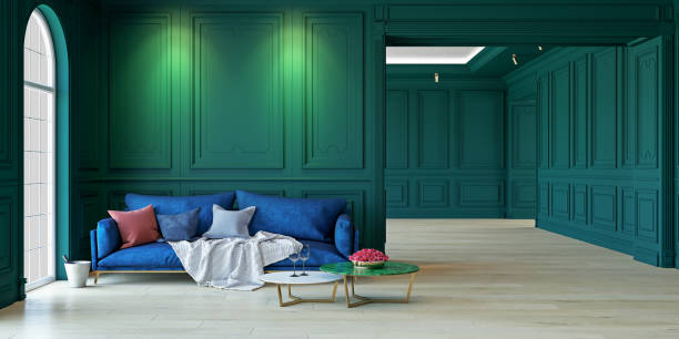 istock Blue sofa and table In classic green interior. 3D render illustration. 905439222