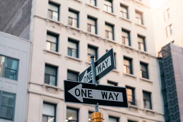 one way arrow sign in new york city. - one way road sign sign blank imagens e fotografias de stock