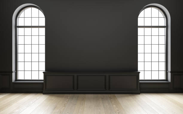 istock Classic black empty interior with wood floor and window. 3d render illustration. 905439584