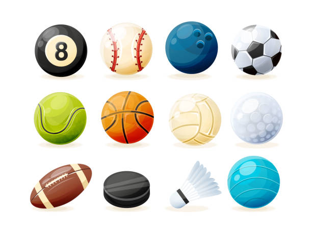 ilustrações, clipart, desenhos animados e ícones de conjunto de modernos equipamentos esportivos: bolas, peteca, máquina de lavar - tennis ball american football football