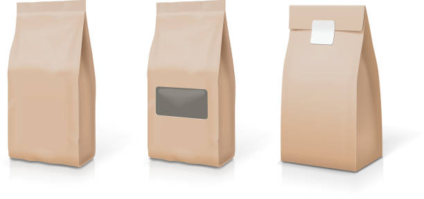 ilustraciones, imágenes clip art, dibujos animados e iconos de stock de soporte de hoja de papel para alimentos snack bolsita bolsa embalaje conjunto - box blank brown white